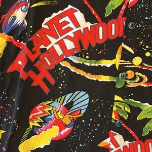 Vintage 90s Planet Hollywood Space Neon Aloha Hawaiian Shirt Men's‎ Sz L Rainbow